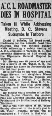 An obituary with headline ACL Roadmaster dies in hospital. Taken ill while addressing meeting, D.C. Stevens succumbs in Tarboro.